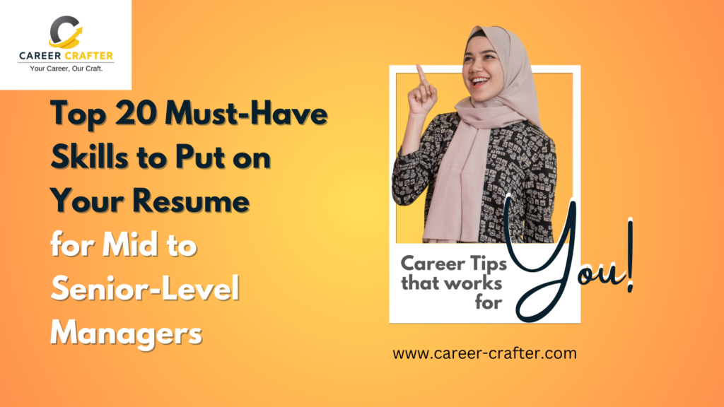 A happy lady in hijab pointing towards a list of the top 20 must-have skills to put on a resume.