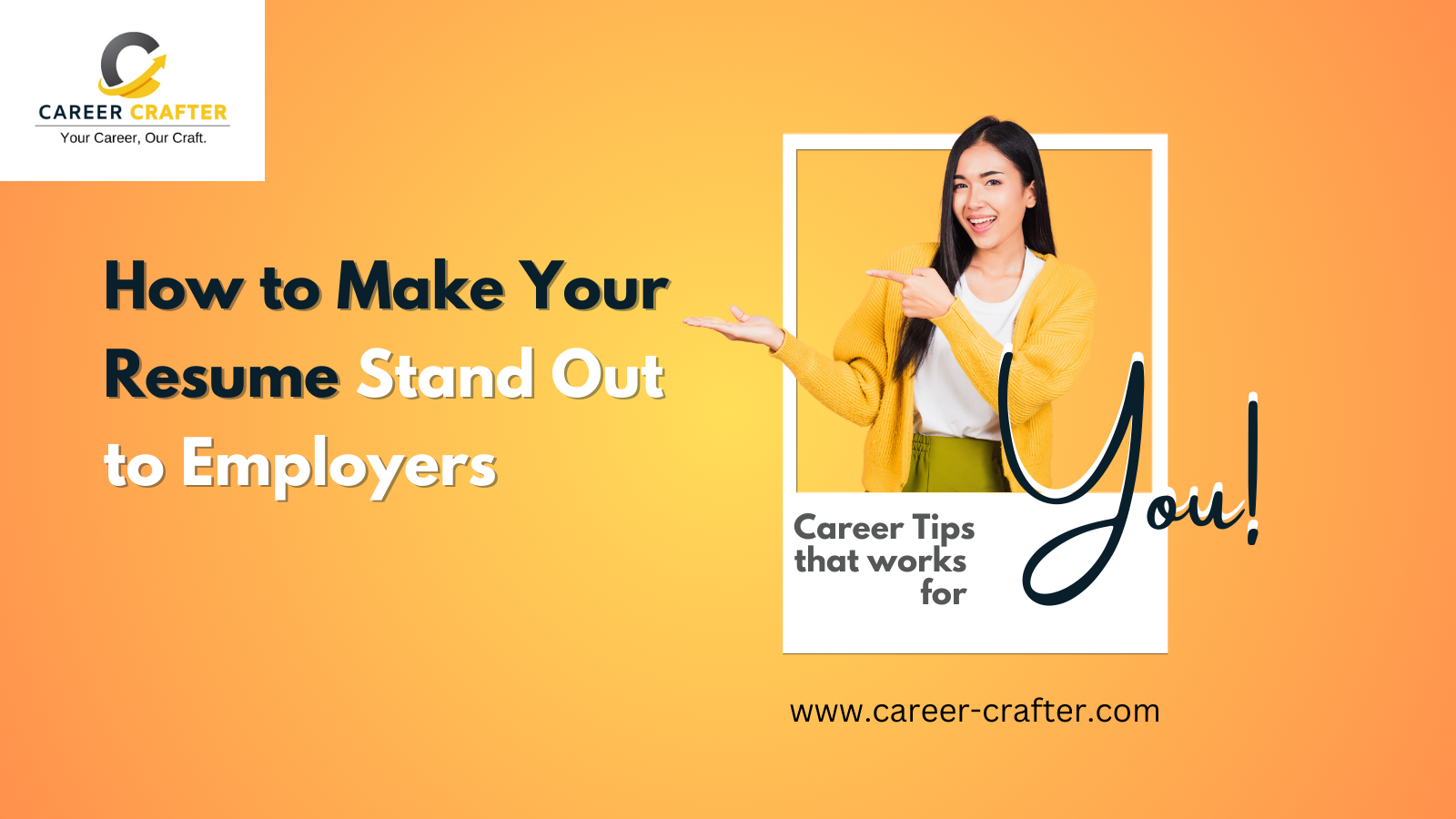 A joyful lady standing and pointing upwards, her face illuminated with the light of discovery, symbolizing the clarity and guidance found in the Career Crafter blog on making your resume stand out.